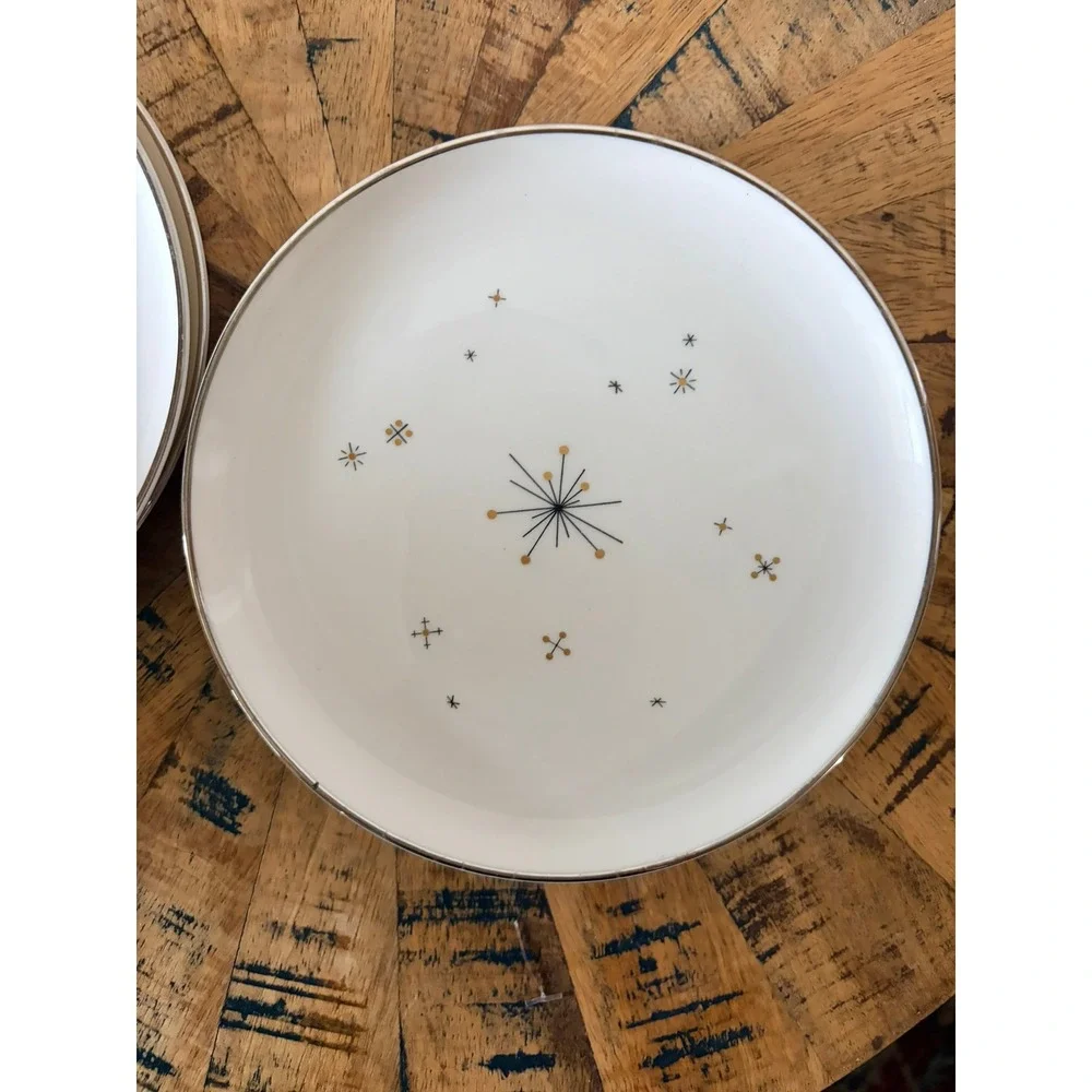 Syracuse China Evening Star Bread Butter Plates Set 4‎ Atomic Starburst MCM 6in